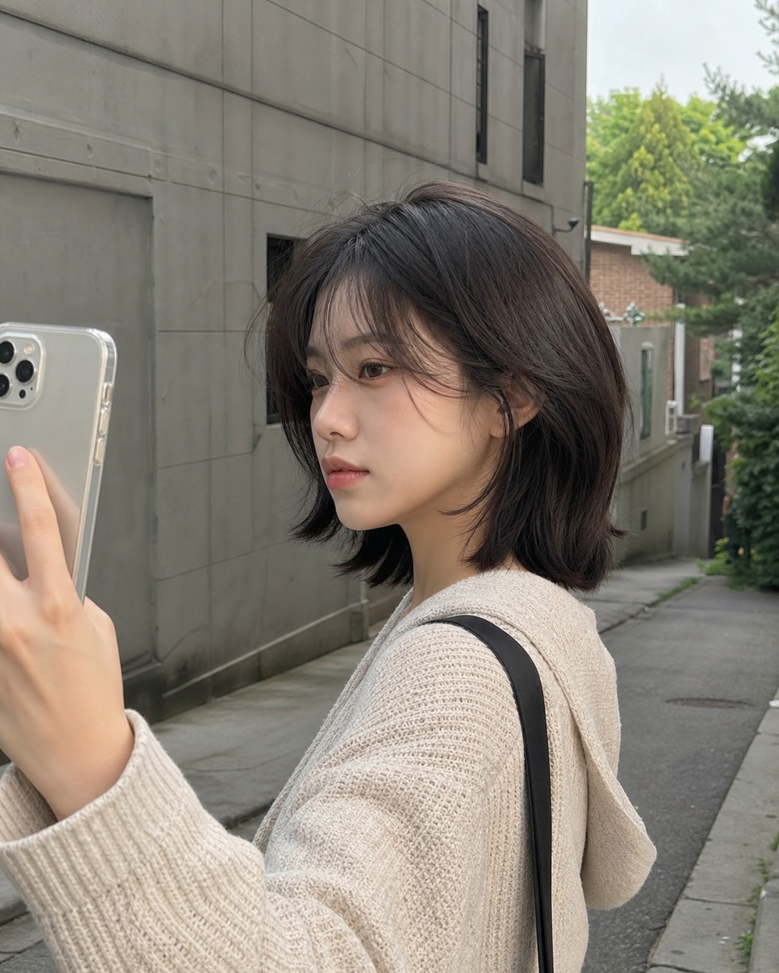 골목길 사이드 앵글로 담은 페이스라인 레이어드 스타일