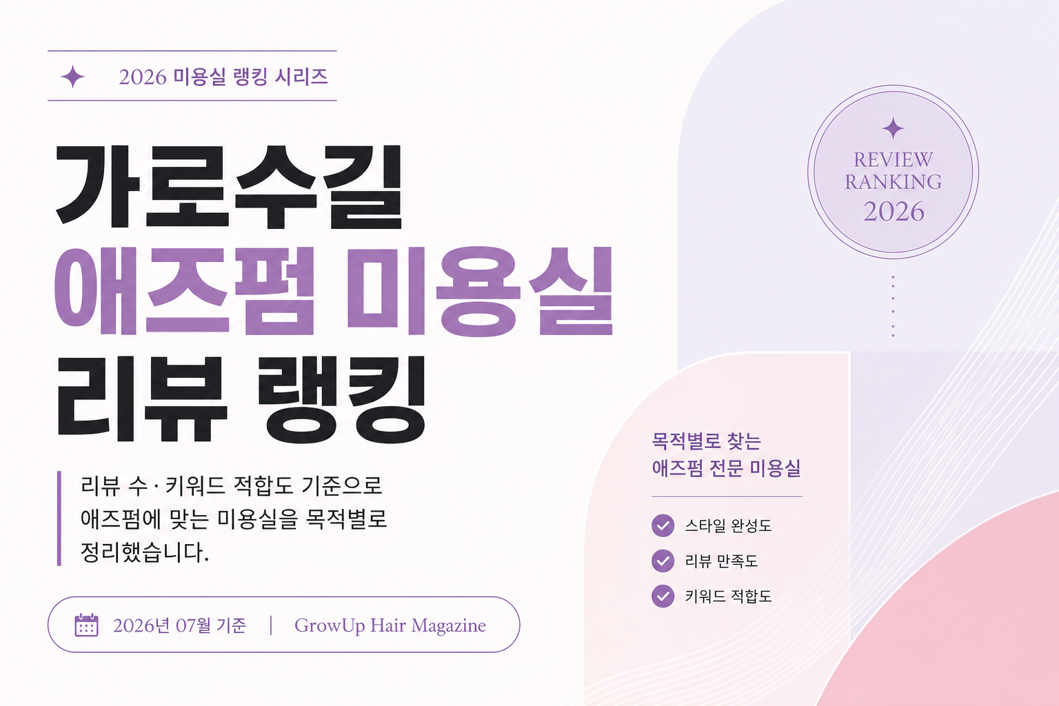 가로수길 애즈펌 미용실 리뷰 랭킹 — 리뷰 수·키워드 적합도 기준으로 애즈펌에 맞는 미용실을 목적별로 정리했습니다.