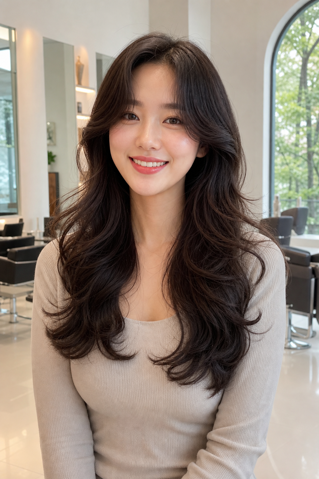 자연스러운 볼륨과 우아한 웨이브의 부산빌드펌을 한 한국 여성
