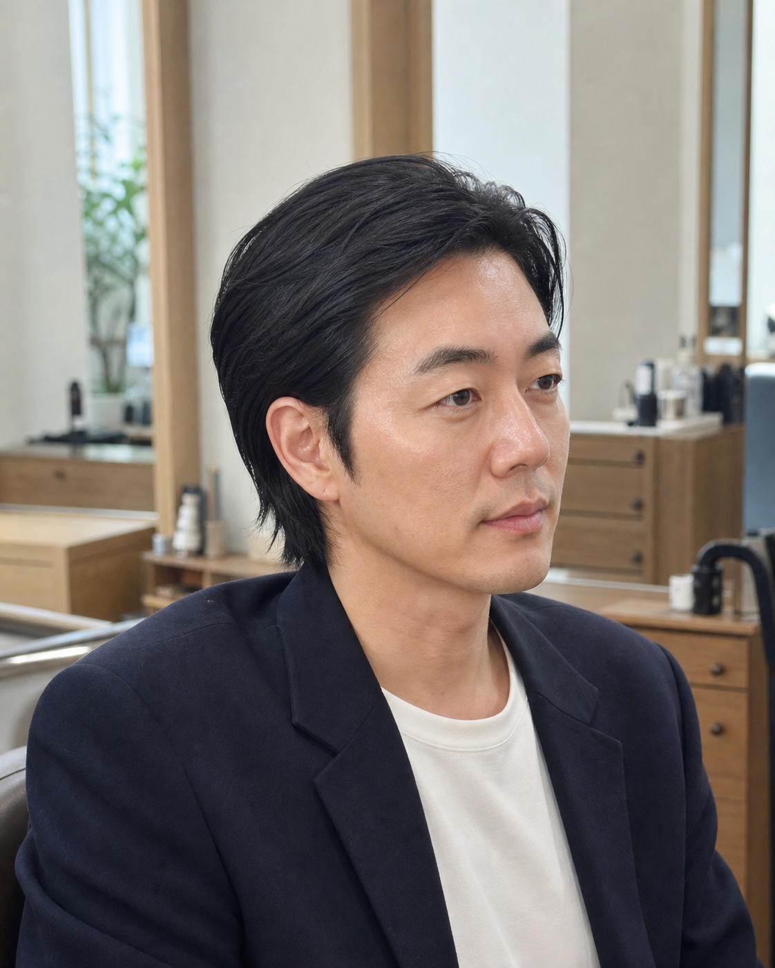 자연 가르마 중심의 단정한 상담용 스타일 예시