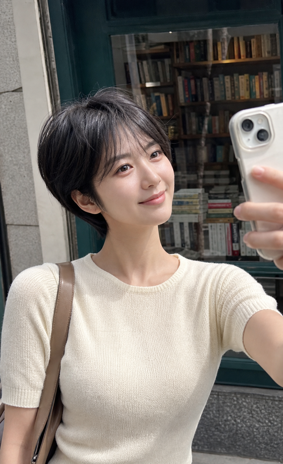 서점 앞 반신샷으로 보는 정돈된 단발