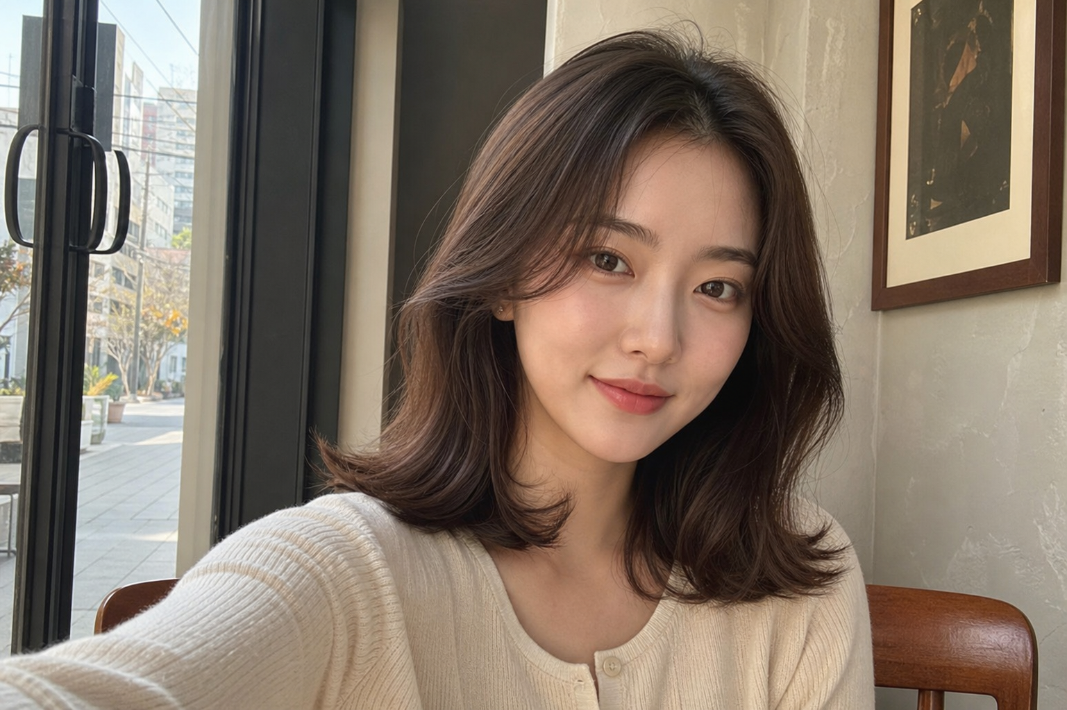 카페 창가에서 찍은 자연스러운 레이어드펌 셀피