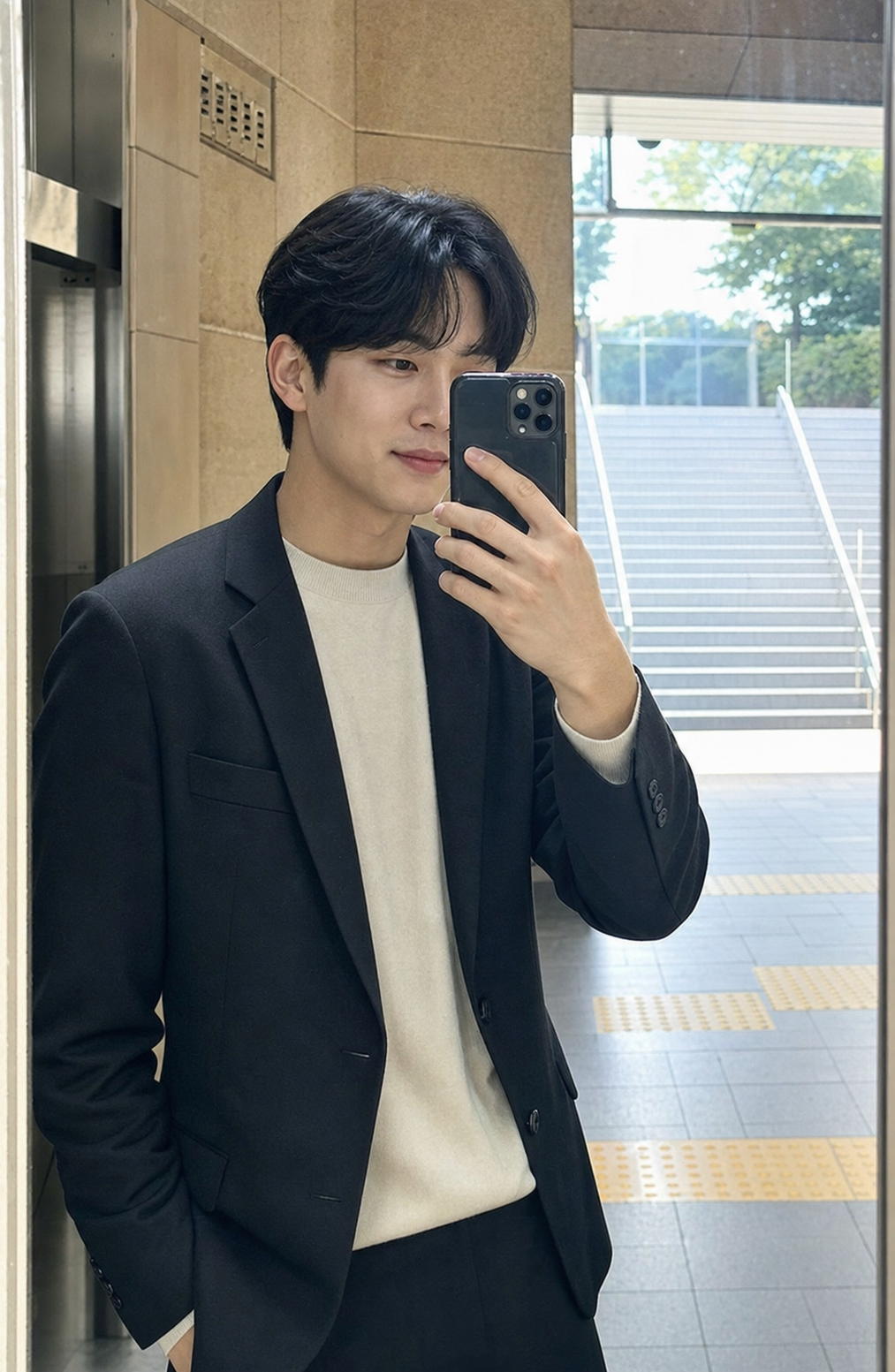 지하철역 거울 셀카, 상담용으로 보기 쉬운 앞머리와 옆선