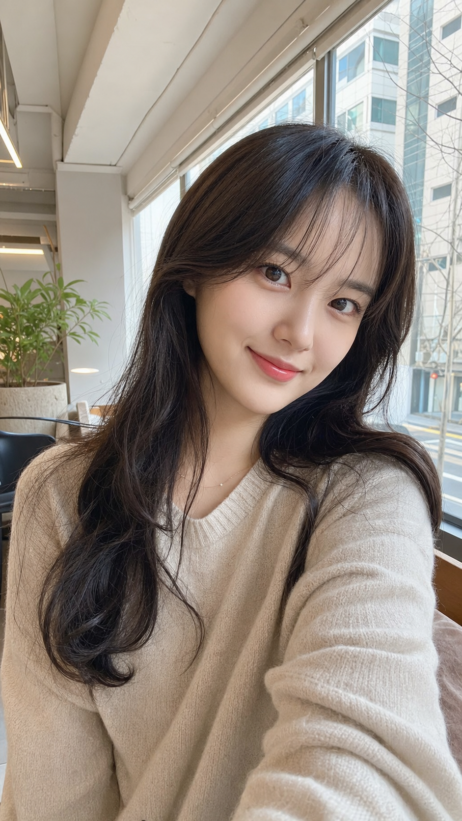 카페 창가에서 찍은 시스루뱅+로우 레이어드 일상 셀피