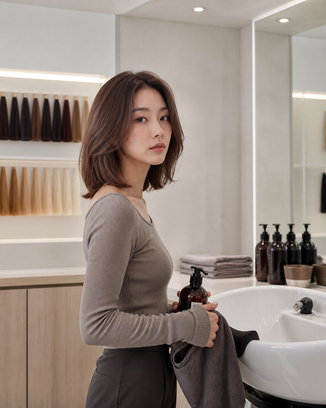 염색샴푸와 일반 샴푸를 비교하는 분위기의 장면