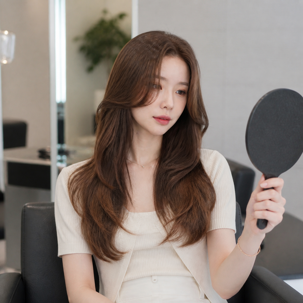 로레알염색약 사용 후 자연스러운 브라운 톤을 확인하는 모습