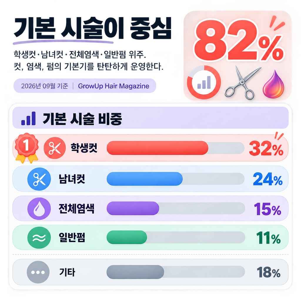 기본 시술이 중심 — 학생컷·남녀컷·전체염색·일반펌 위주. 컷, 염색, 펌의 기본기를 탄탄하게 운영한다.