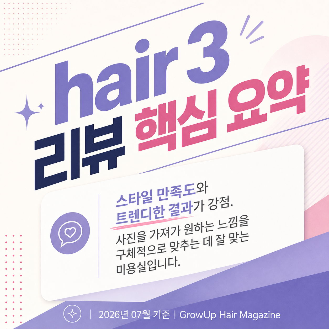 hair 3 리뷰 핵심 요약 — 스타일 만족도와 트렌디한 결과가 강점. 사진을 가져가 원하는 느낌을 구체적으로 맞추는 데 잘 맞는 미용실입니