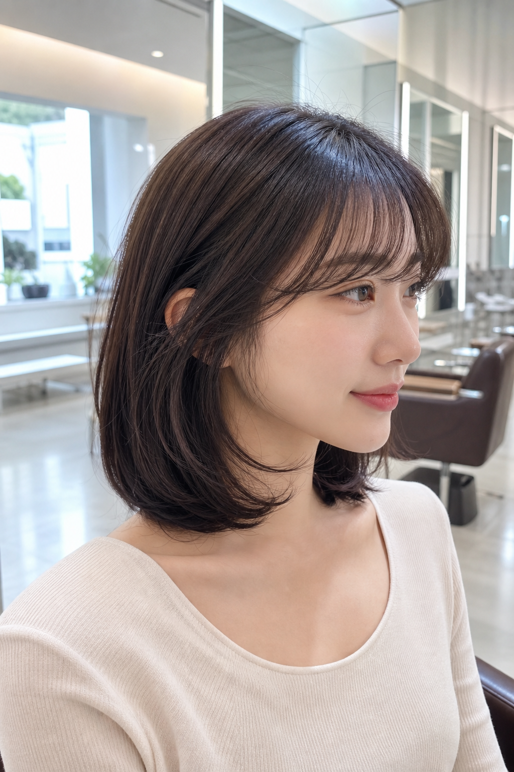 자연스러운 중단발 레이어드 C컬펌으로 세련된 분위기 연출