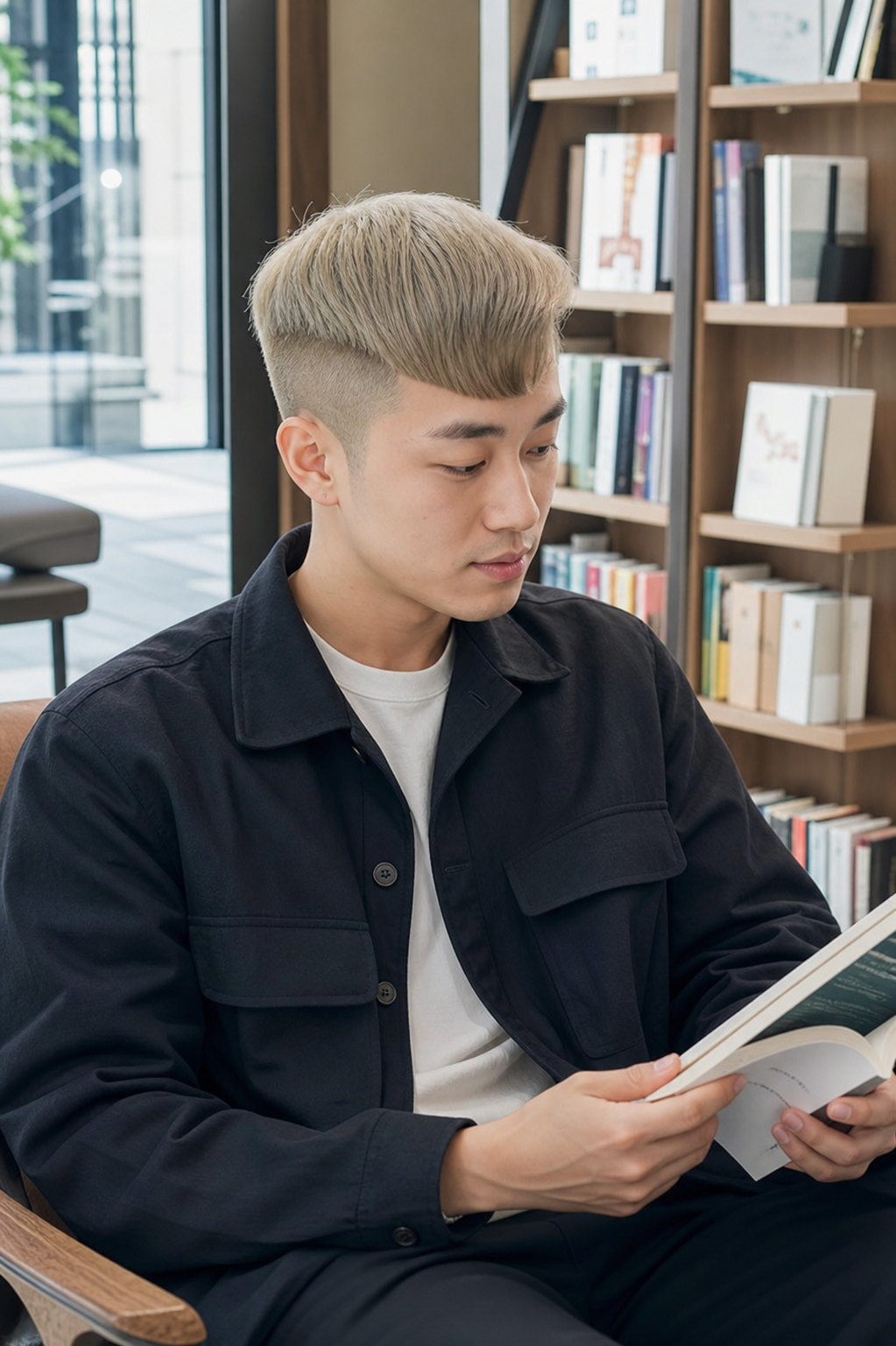 서점에서 옆모습이 잘 드러나는 단정한 앞머리 스타일