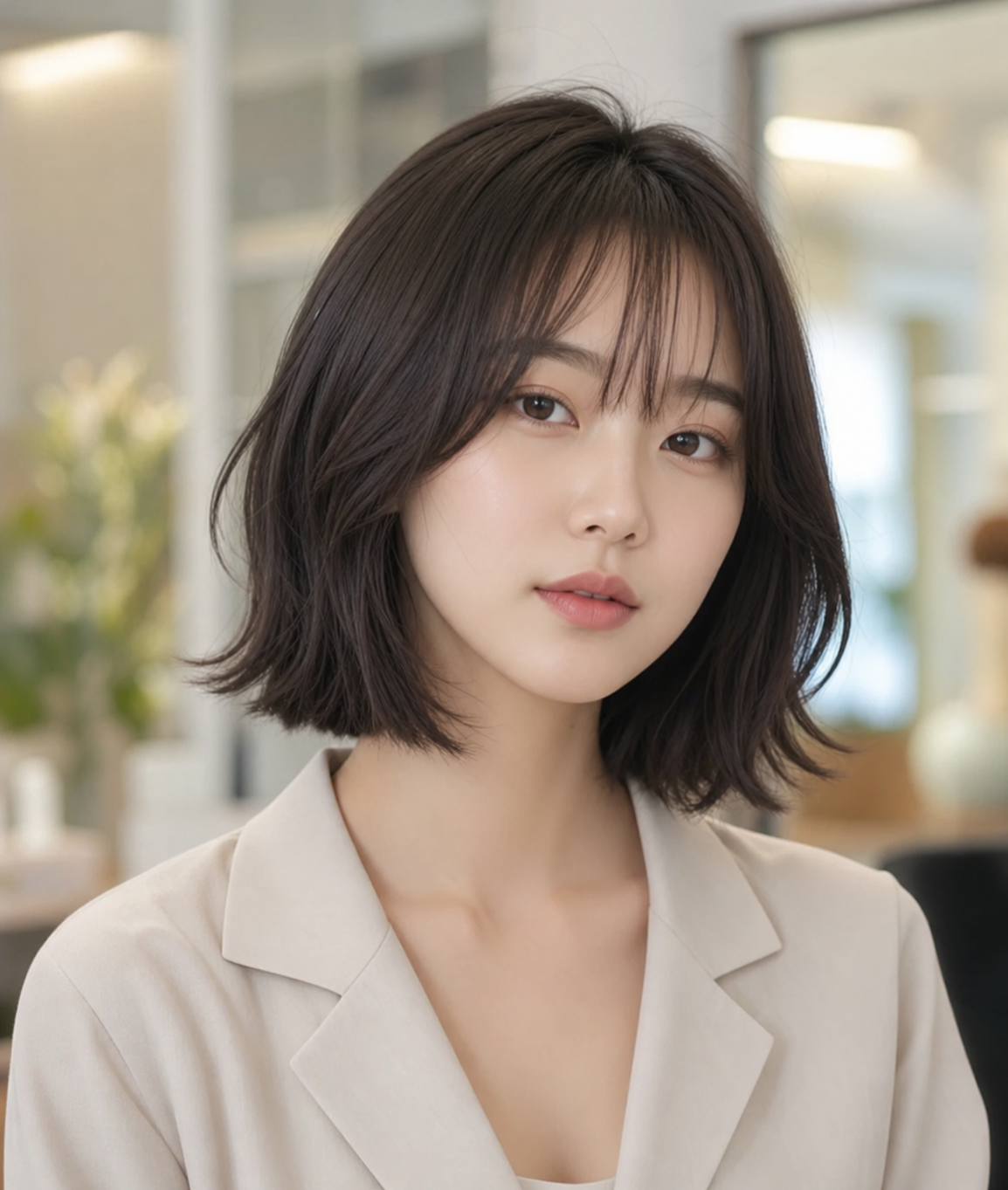 쇄골 기장 중단발 레이어드와 내추럴 웨이브
