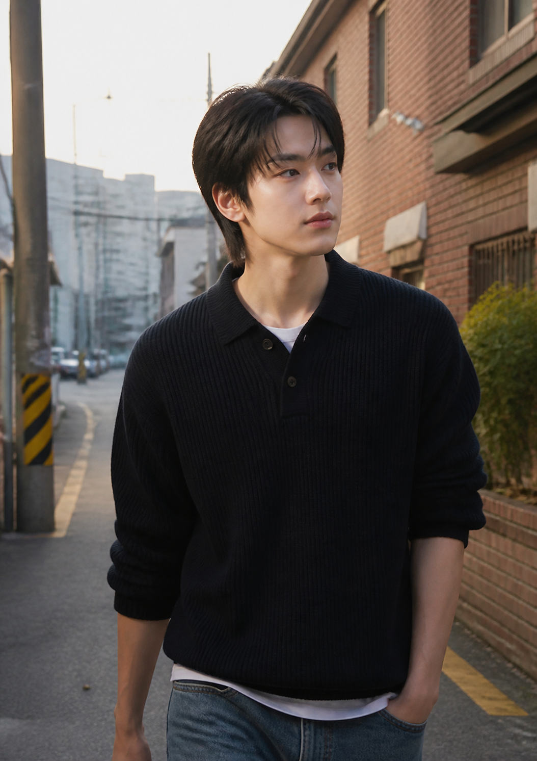 골목길에서 옆라인이 정리된 자연스러운 스타일
