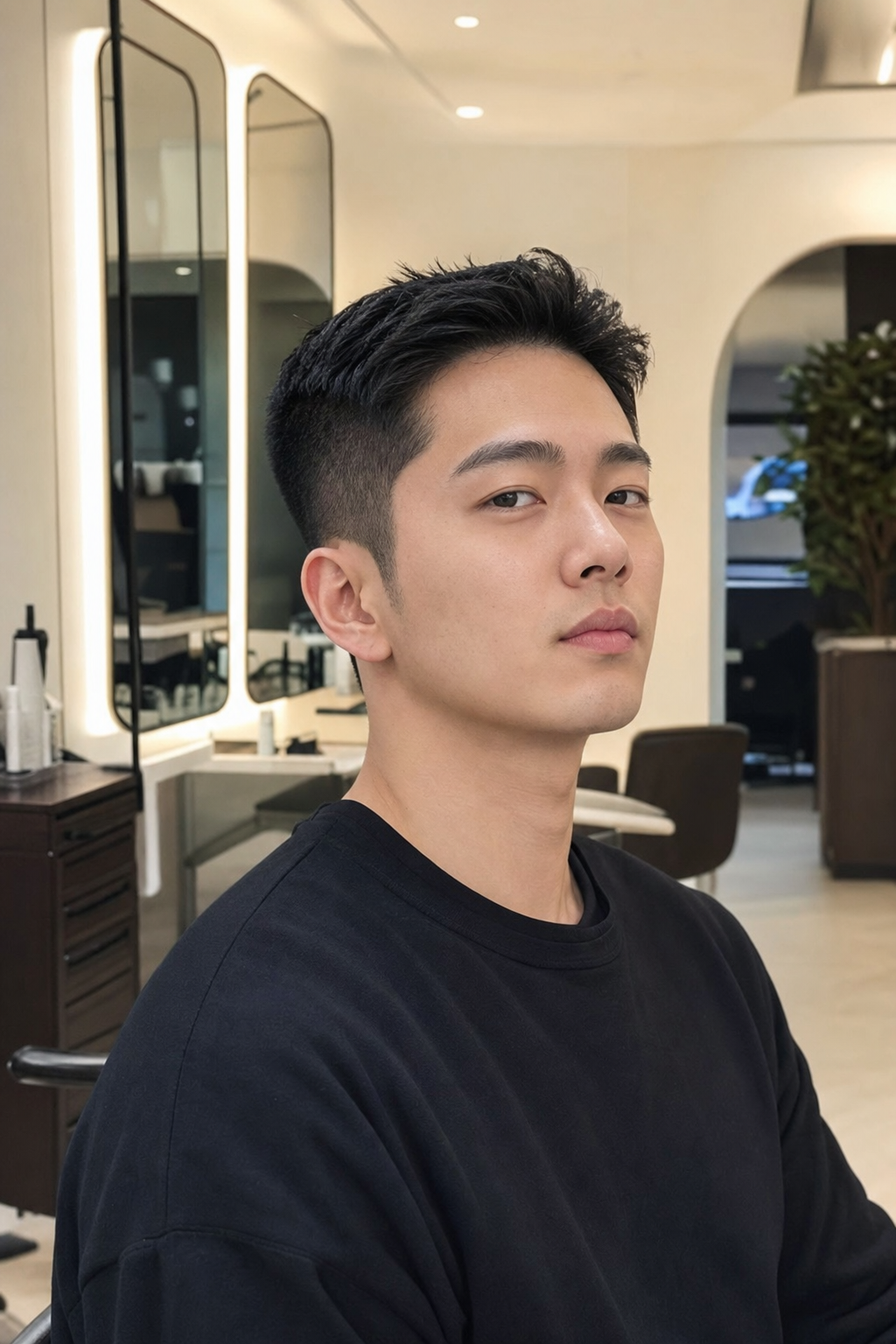 깔끔하게 짧은 옆머리와 이마를 드러낸 리젠트/아이비리그 컷