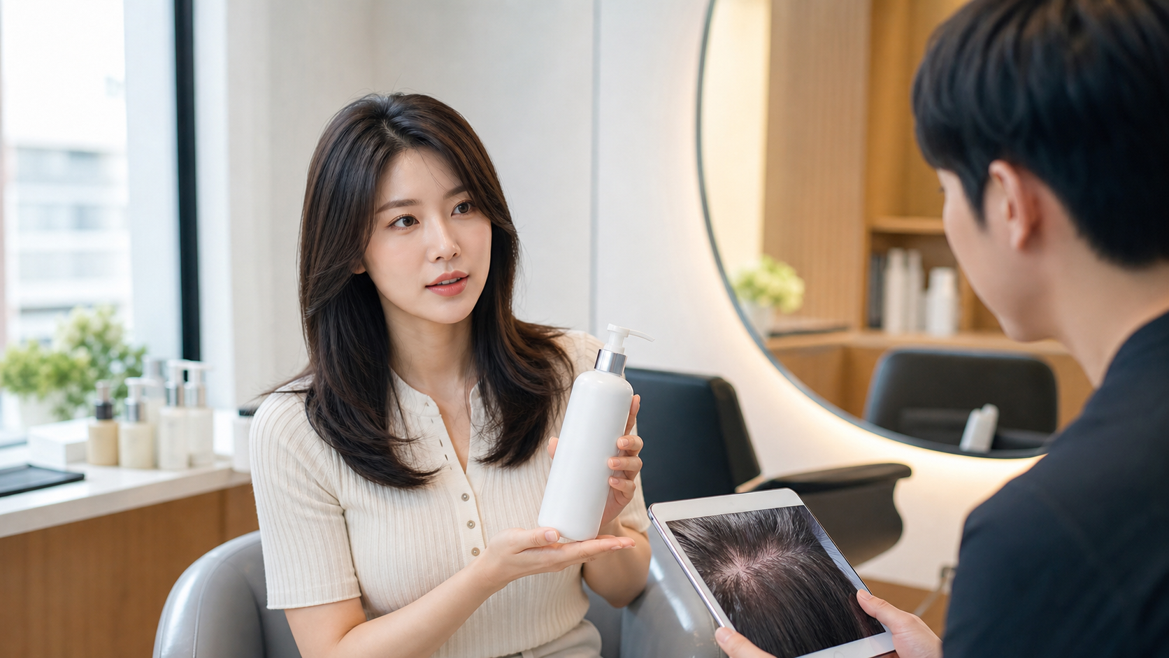 비듬샴푸 상담을 받는 두피 관리 장면