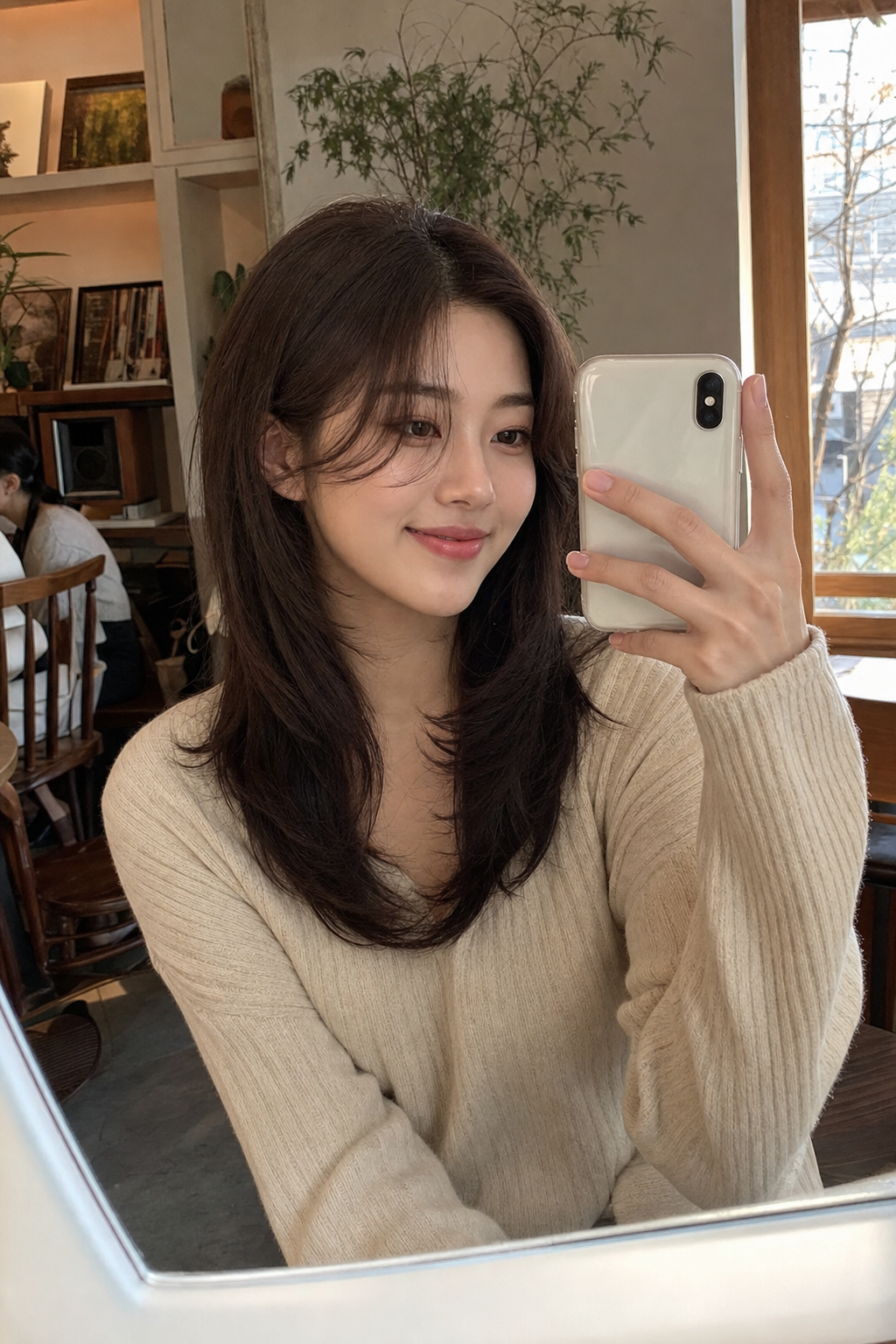 카페 거울 셀카로 보는 홍화연식 레이어드 웨이브