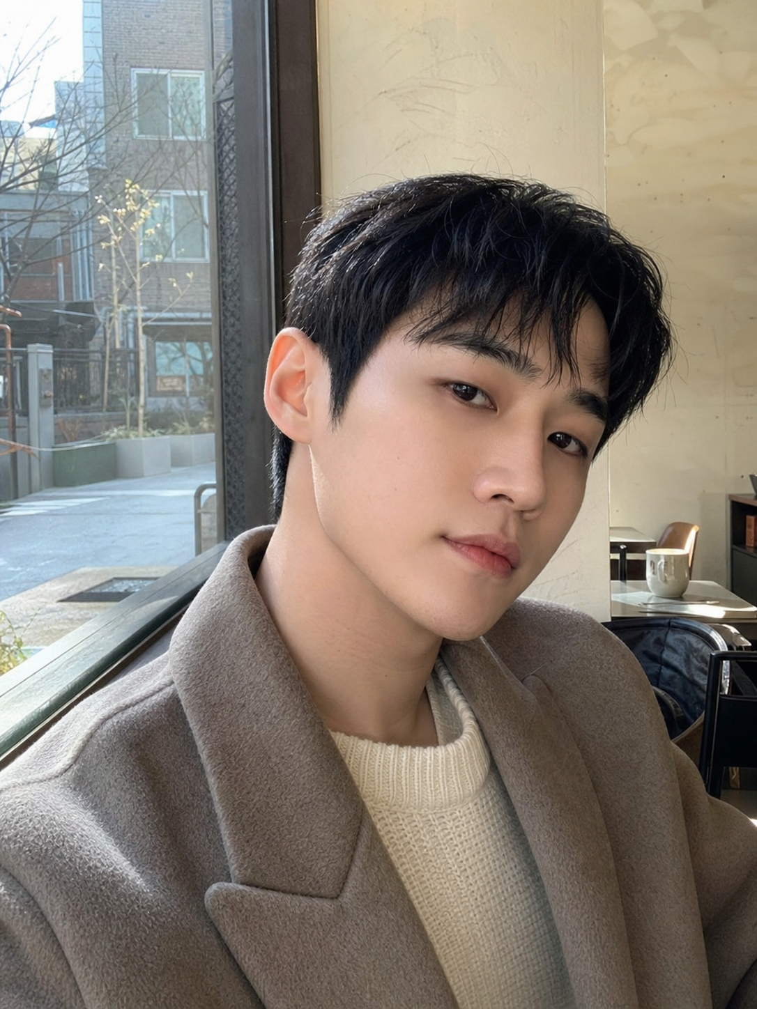 카페 창가 셀피, 단정한 남편 스타일이 잘 보이는 컷