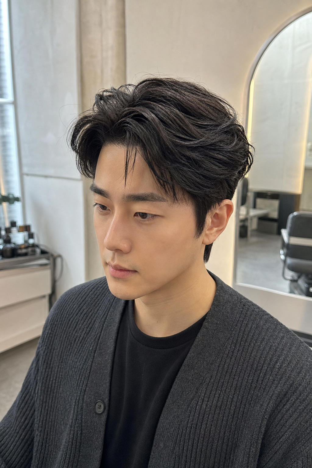 앞머리를 살짝 넘겨 연출한 세련된 스타일