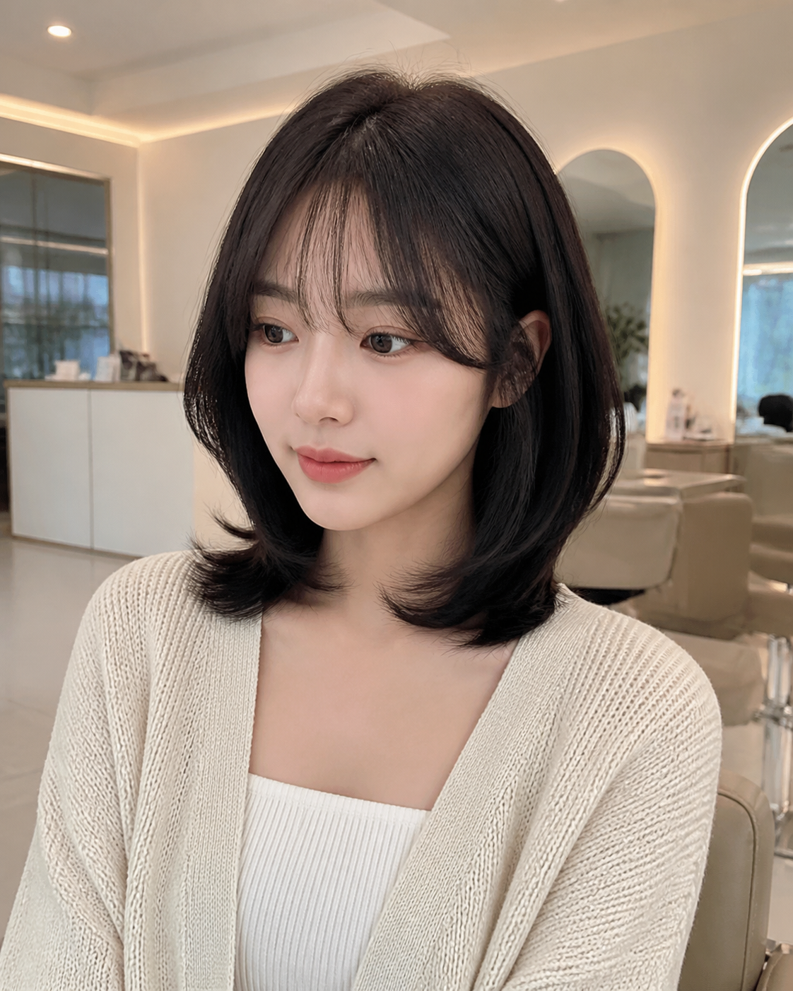 중단발C컬펌의 가장 대표적인 자연스러운 실루엣