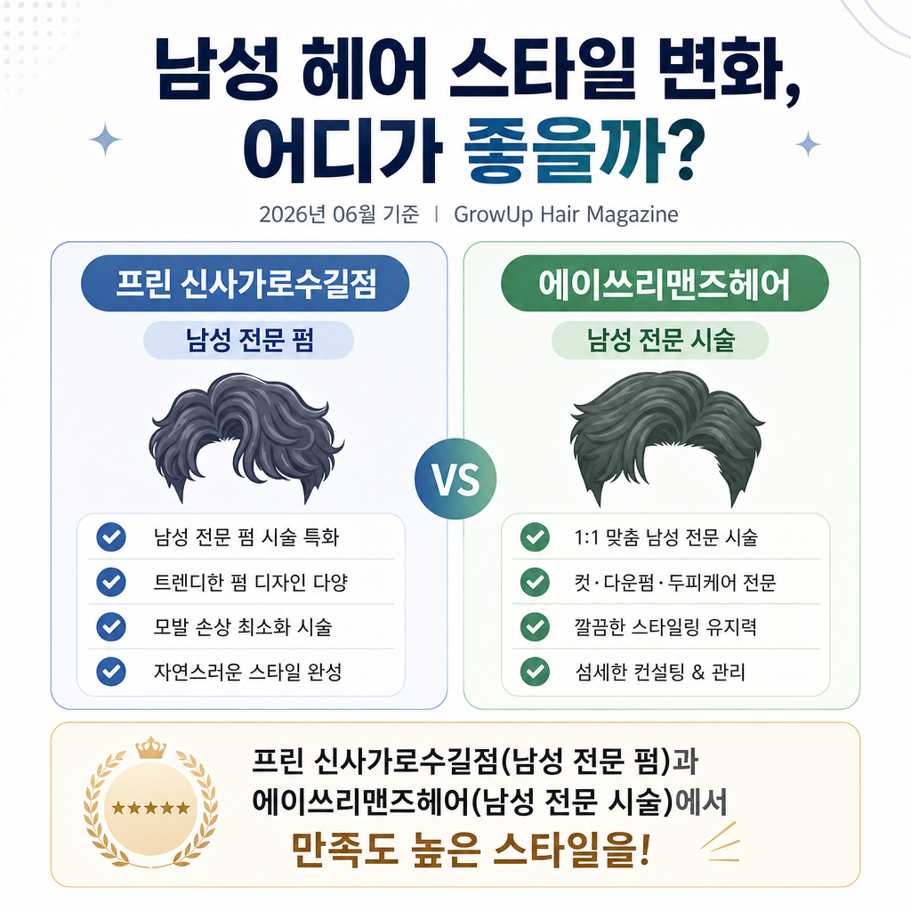 남성 헤어 스타일 변화, 어디가 좋을까? — 프린 신사가로수길점(남성 전문 펌)과 에이쓰리맨즈헤어(남성 전문 시술)에서 만족도 높은 스타일을!