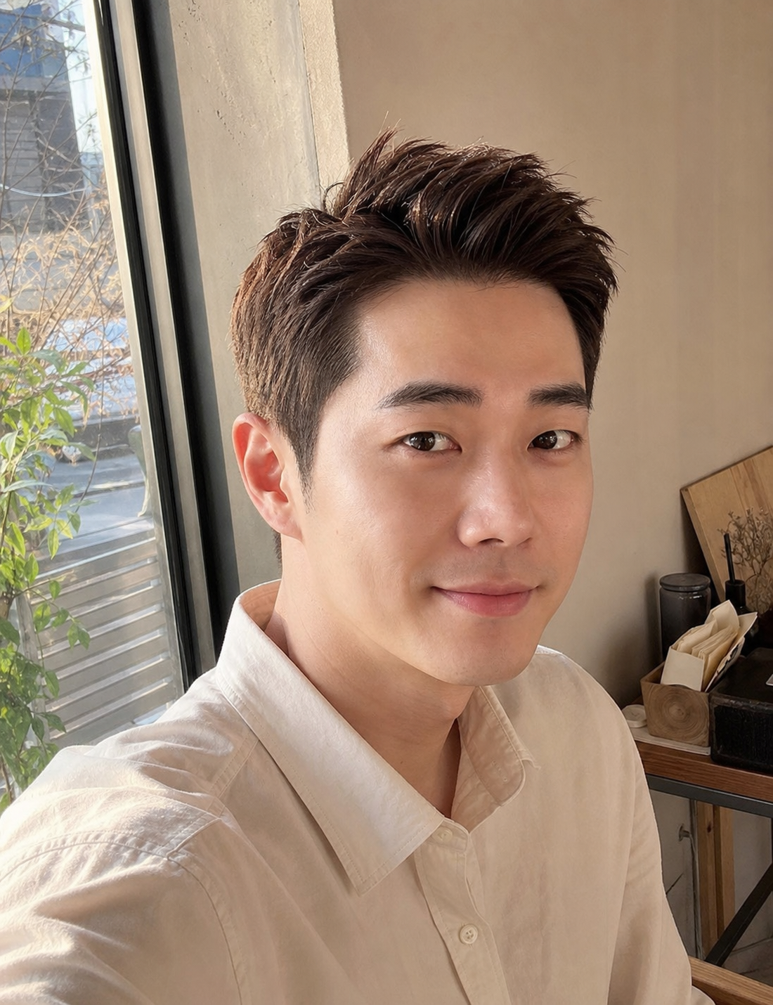 카페 창가에서 자연광으로 보이는 단정한 포마드