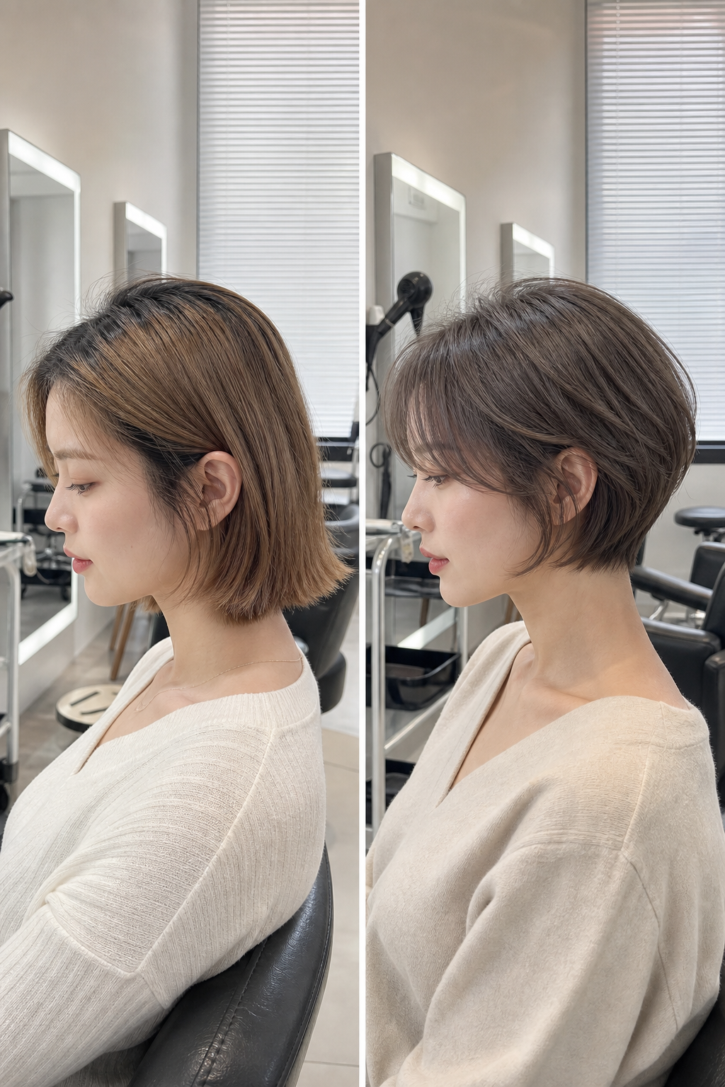 뿌리 염색과 전체 톤다운 애쉬 브라운 염색 시술 전후