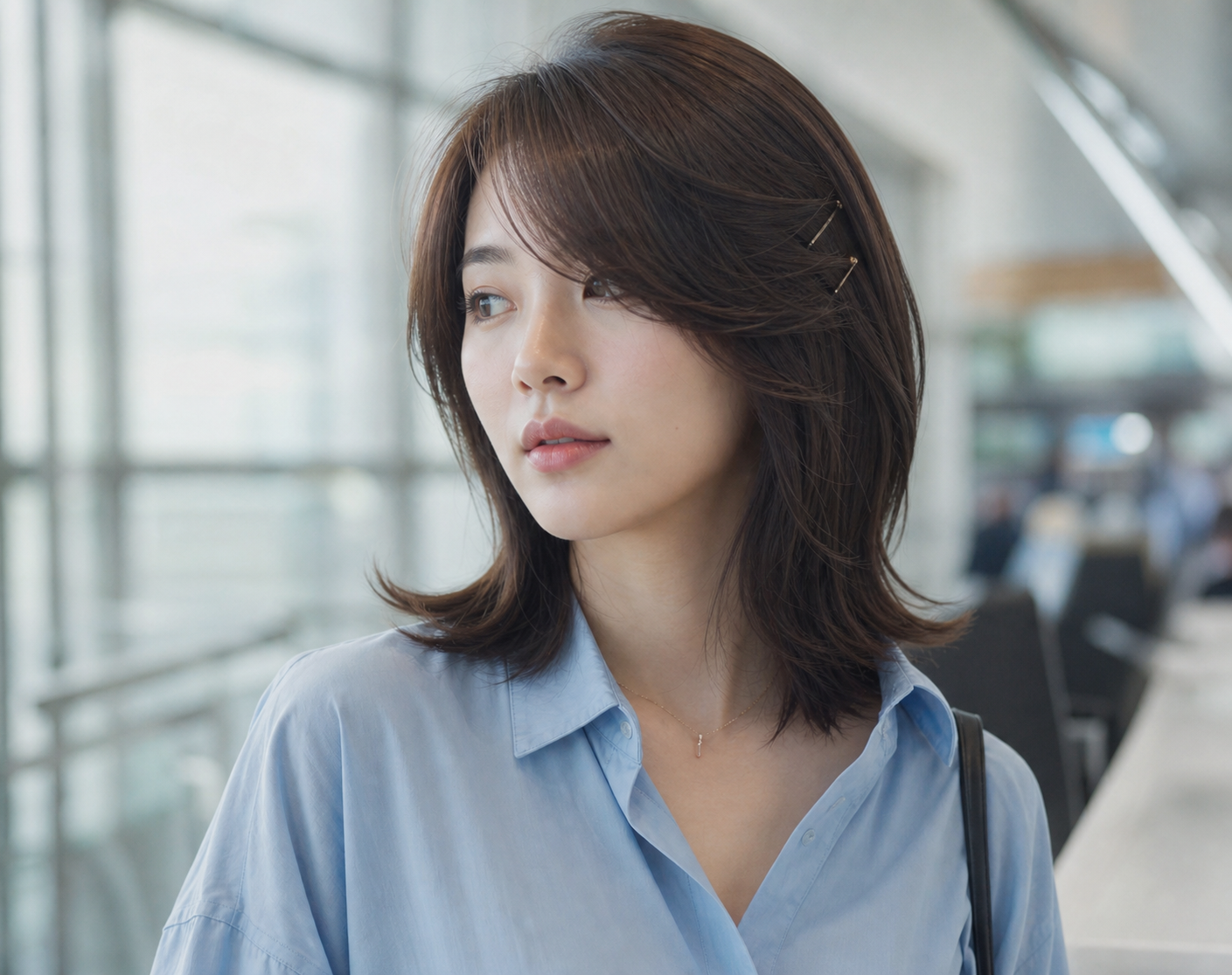 실핀 두 개로 고정한 여름용 앞머리 옆넘김