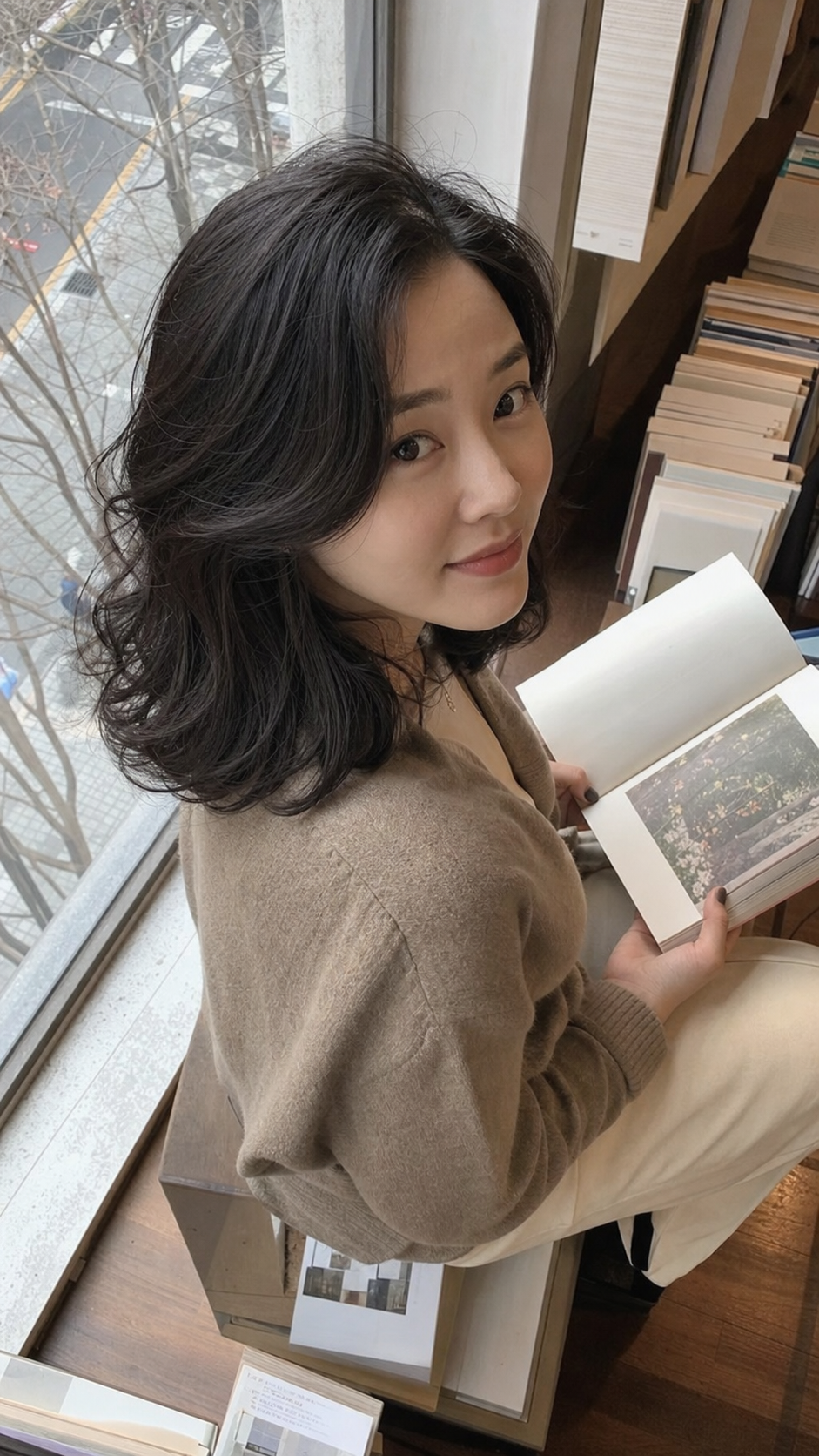 서점 창가에서 보이는 우아한 굵은 웨이브