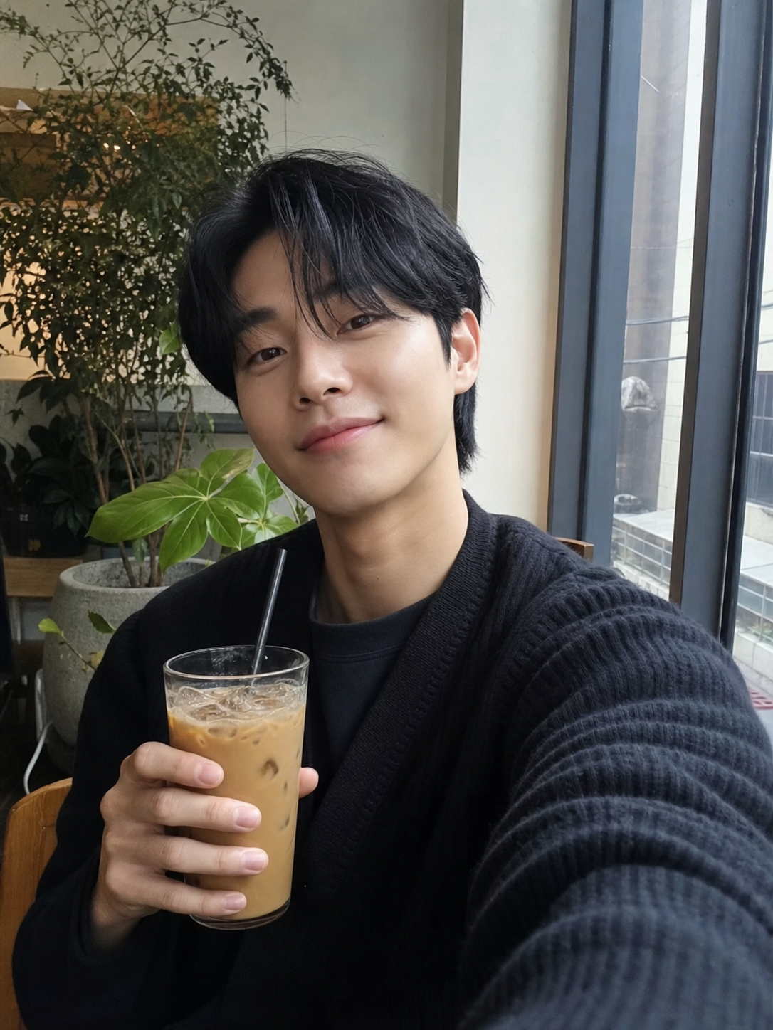 카페 창가에서 보이는 자연스러운 이동욱 느낌 리프컷