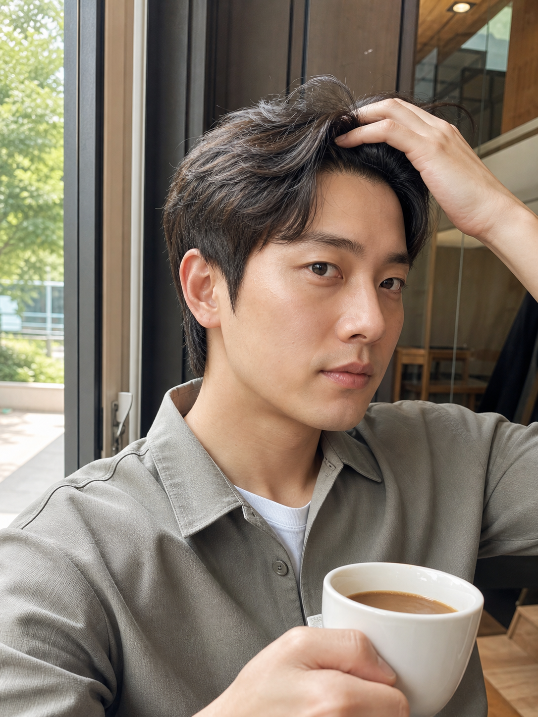 카페 창가에서 자연광으로 담은 짧은 숏컷 셀피
