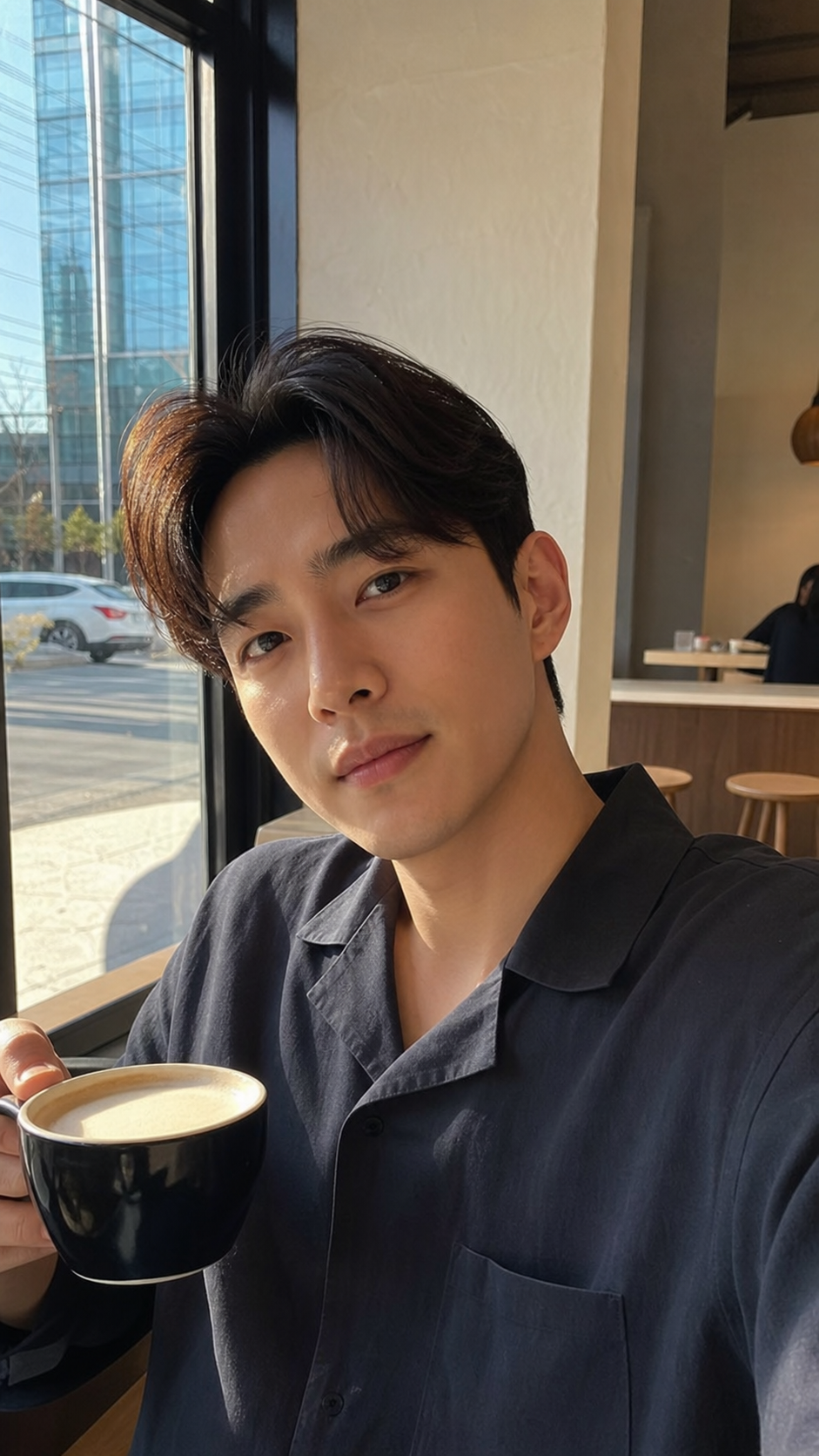 카페 창가에서 보이는 정돈된 자연 헤어