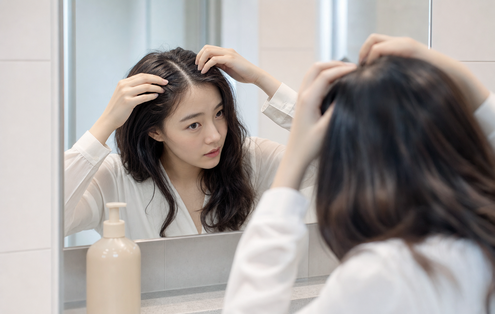 사춘기 지성두피를 점검하는 청소년 스타일의 일상 장면