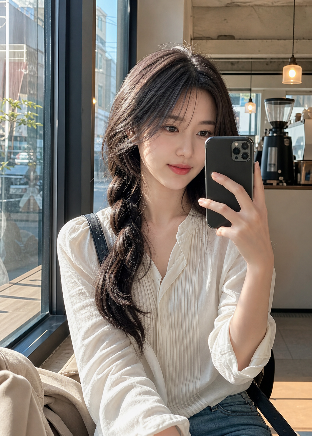 카페 창가 거울 셀카로 보이는 사이드 브레이드