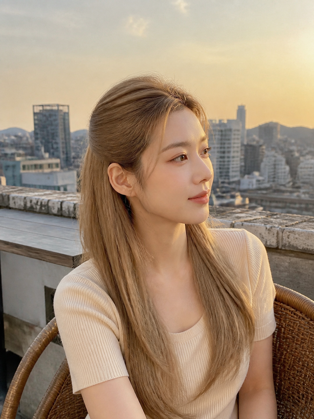 루프탑에서 드러나는 차분하고 세련된 긴 머리