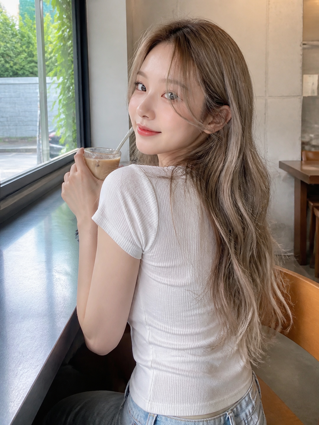 카페 창가에서 보이는 청순한 긴 레이어드 헤어