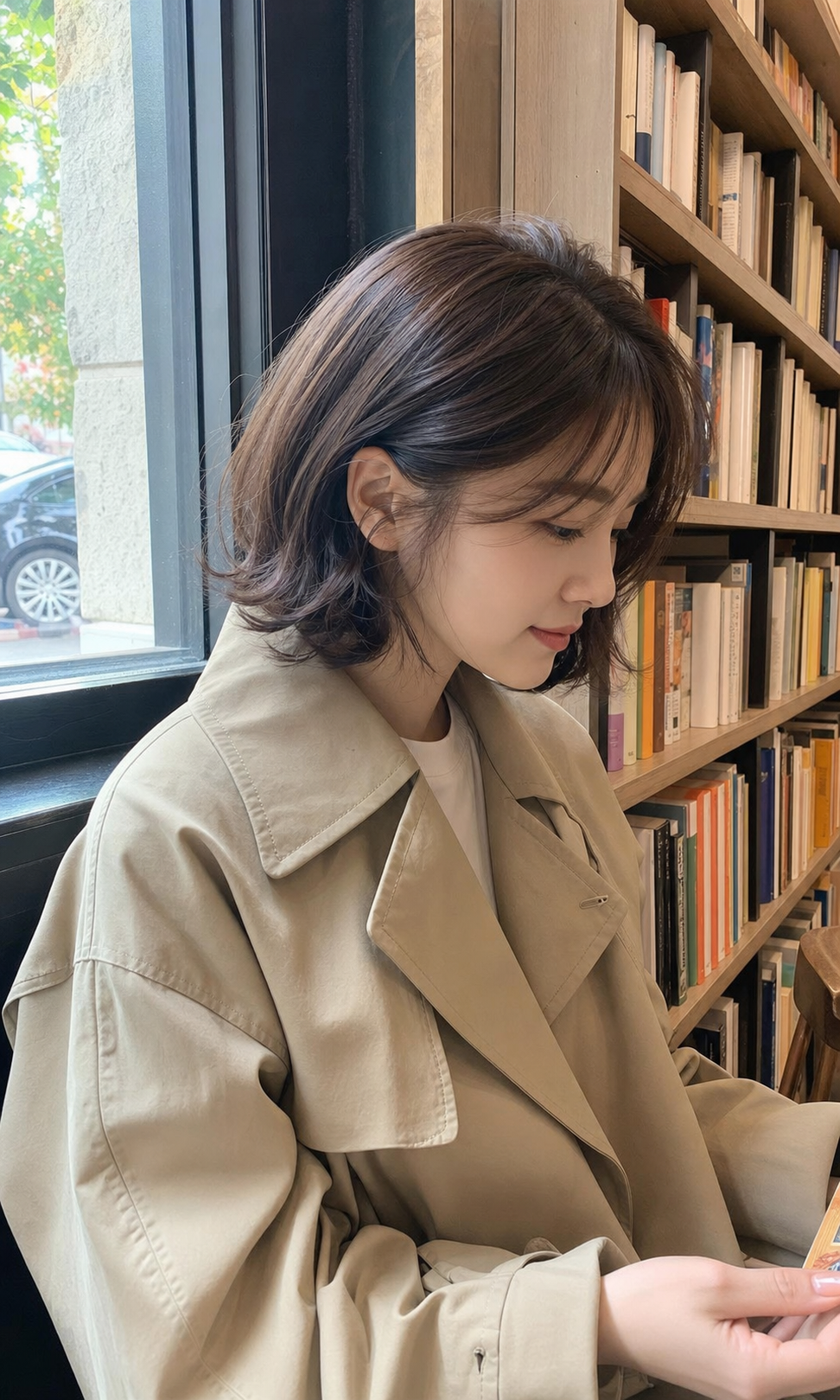 서점에서 찍은 지적인 분위기의 사이드뱅 레이어드