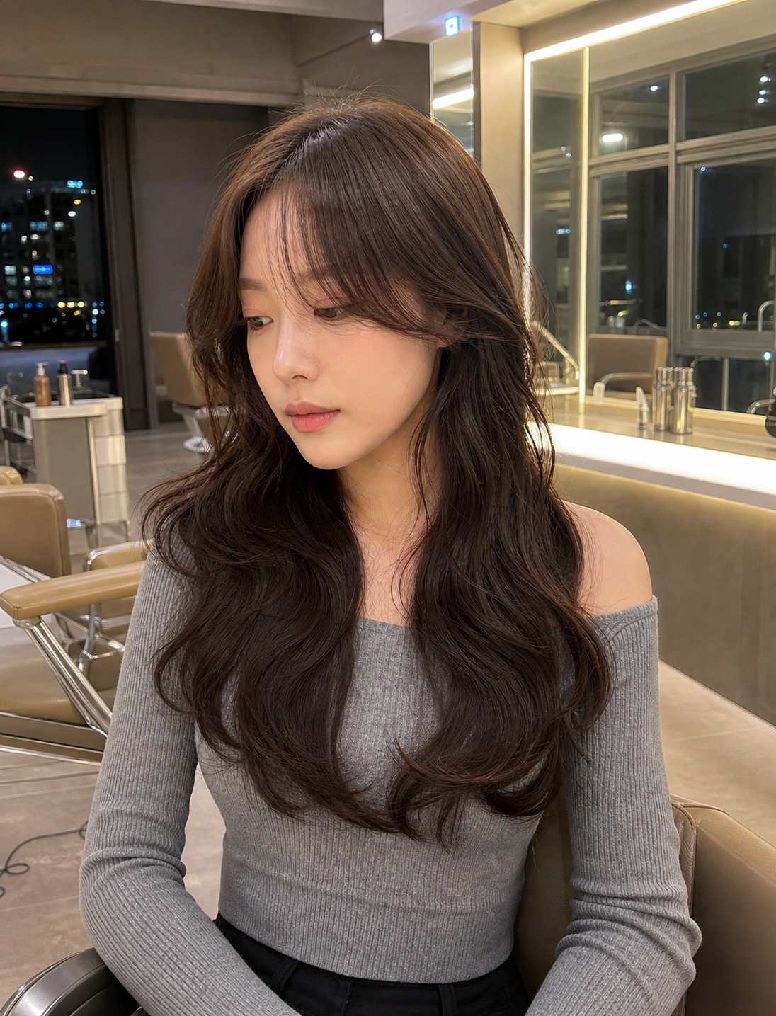 야간 예약 후 시술받는 여성 레이어드펌 스타일