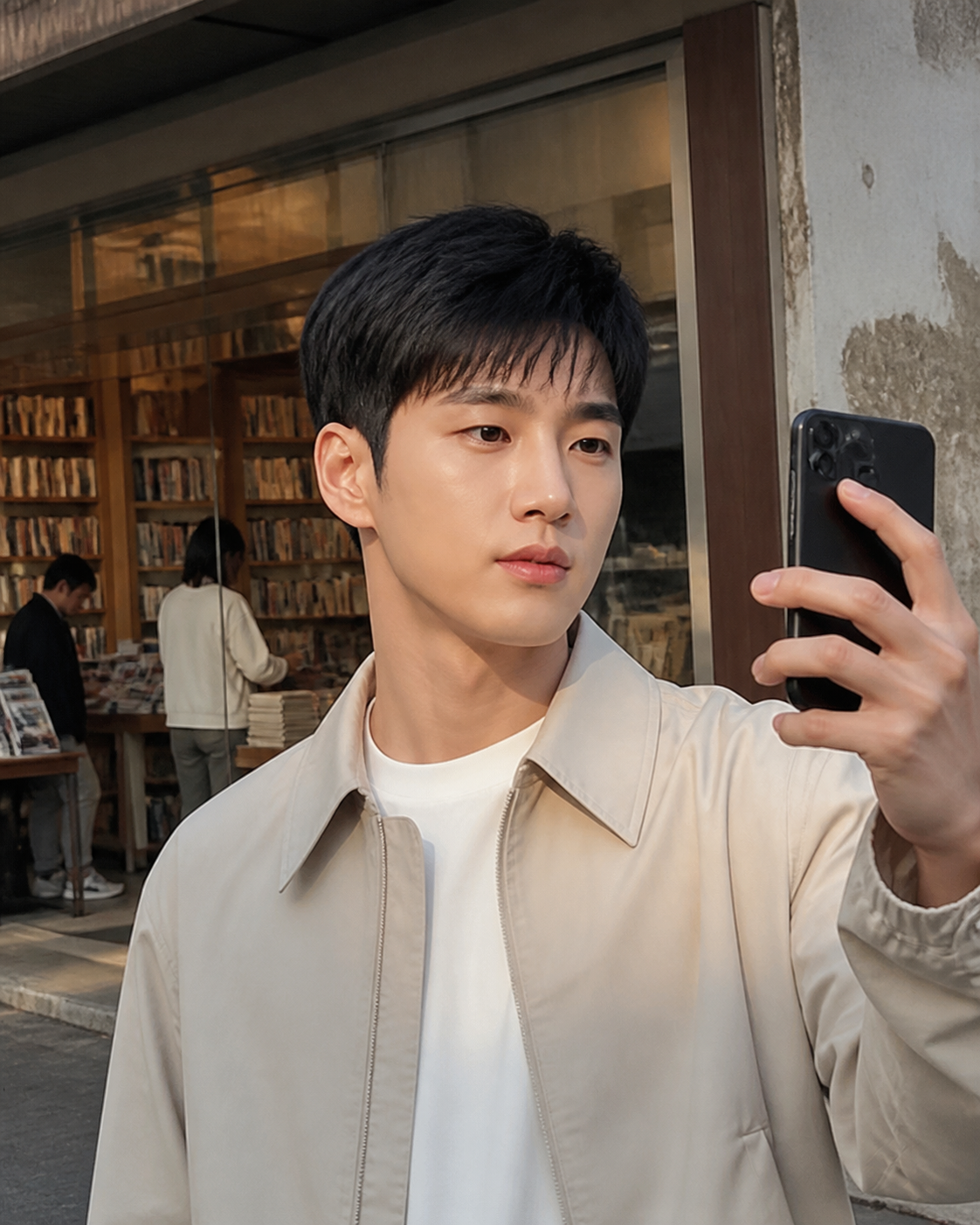 서점 앞에서 보이는 단정한 텍스처 컷 스타일