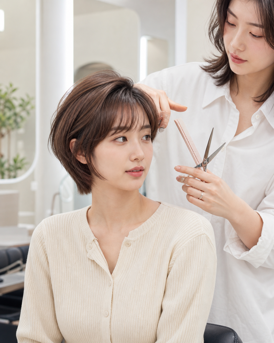 얼굴형과 모질을 상담하는 자연스러운 펌 시술 장면