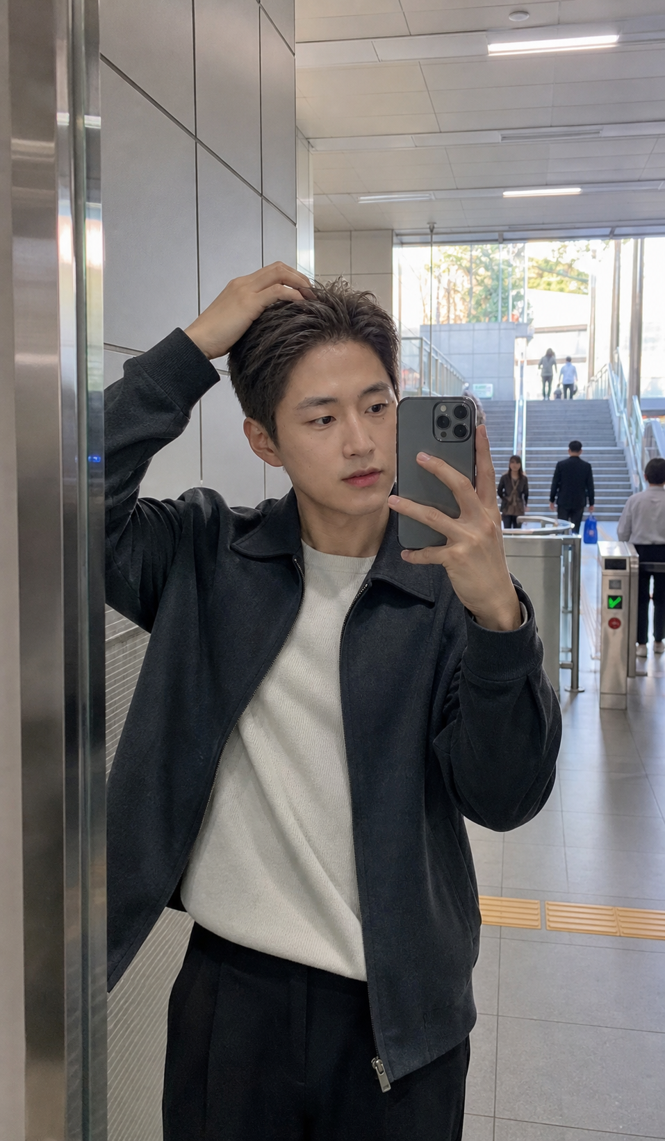 지하철역 입구 거울 셀카로 담은 정돈된 남자 스타일