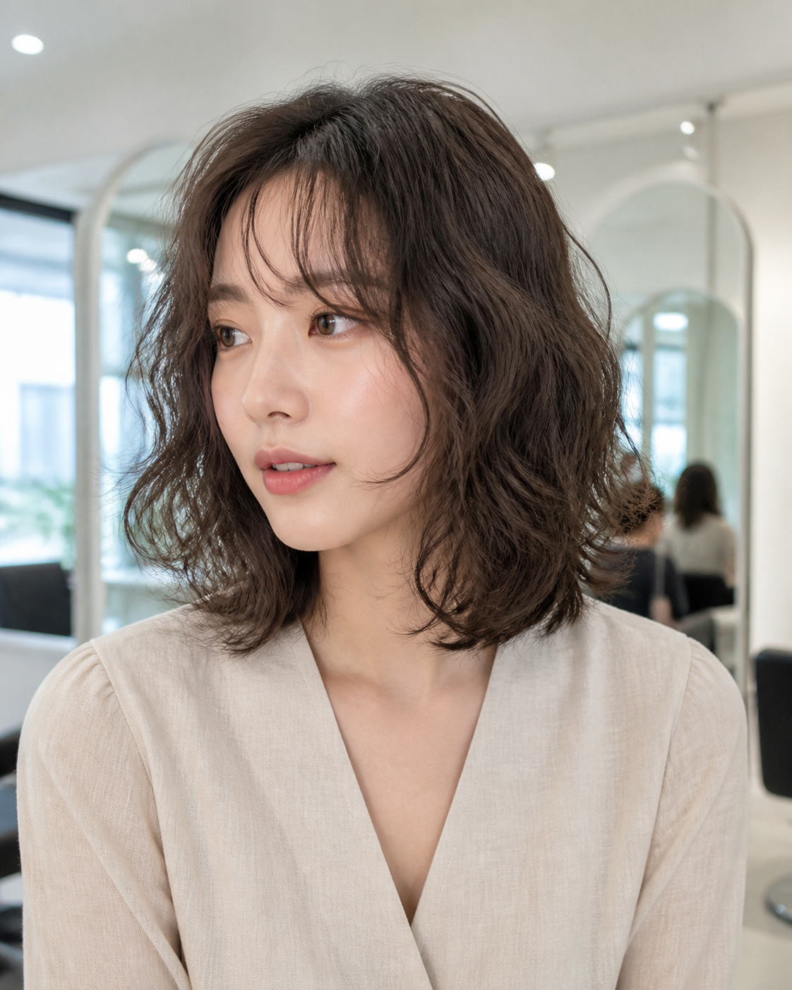 앞머리와 층이 조화된 중단발 히피펌