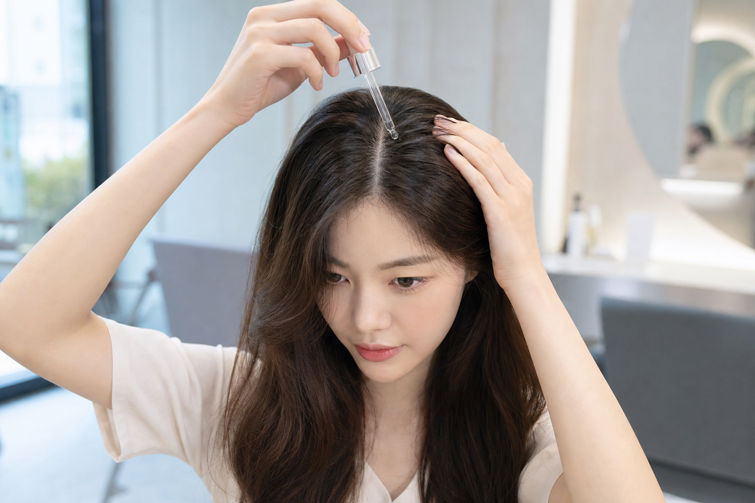 두피에센스를 정수리 라인에 바르는 장면
