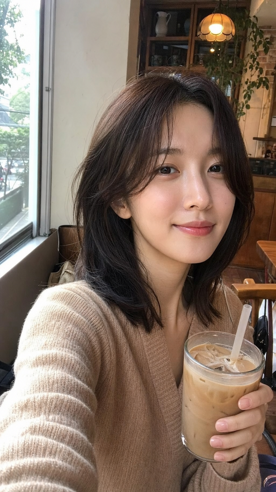 창가 카페 셀카 속 자연스러운 레이어드 C컬