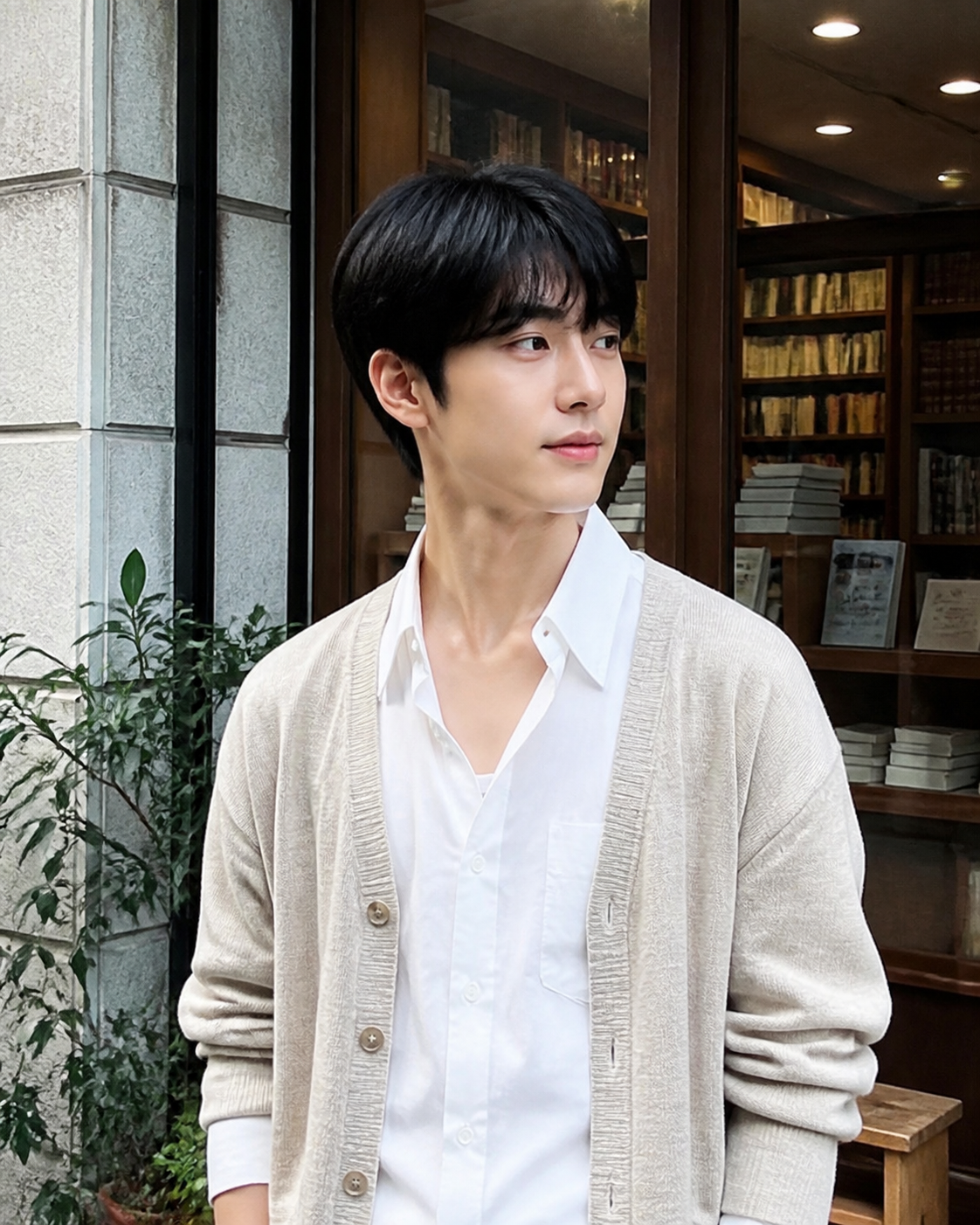 서점 앞에서 차분한 분위기로 보이는 데일리 컷