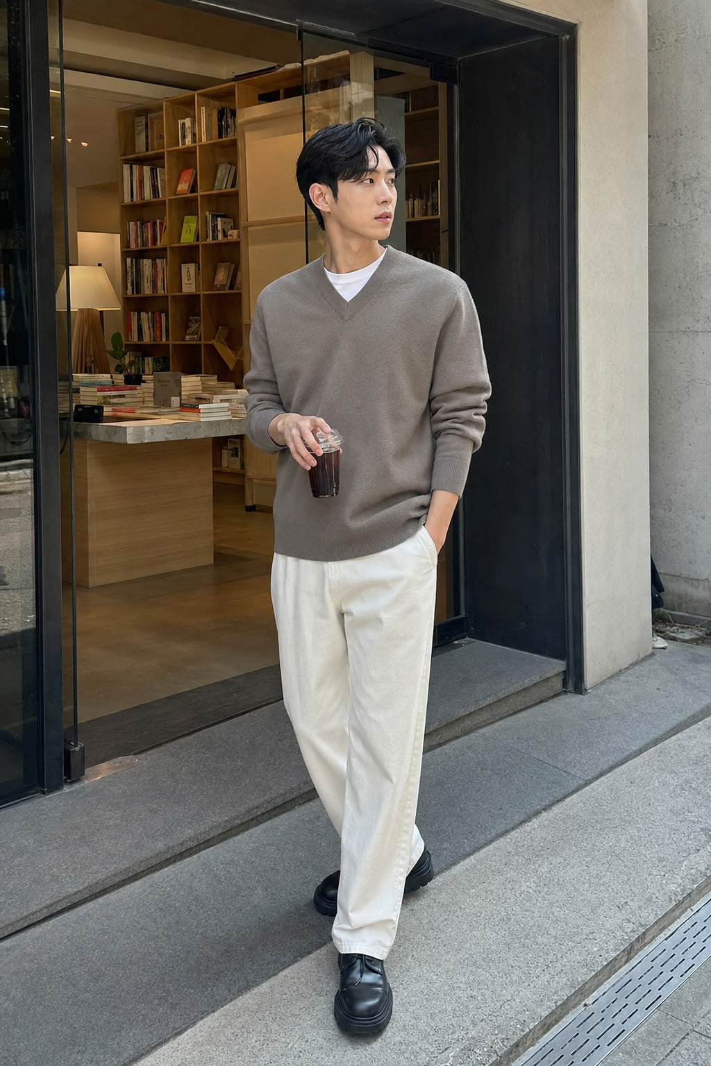 서점 앞 전신 샷으로 확인하는 단정한 가르마 헤어