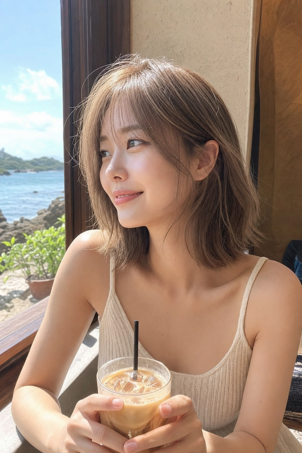 창가 카페에서 보이는 정돈된 정소민 무드