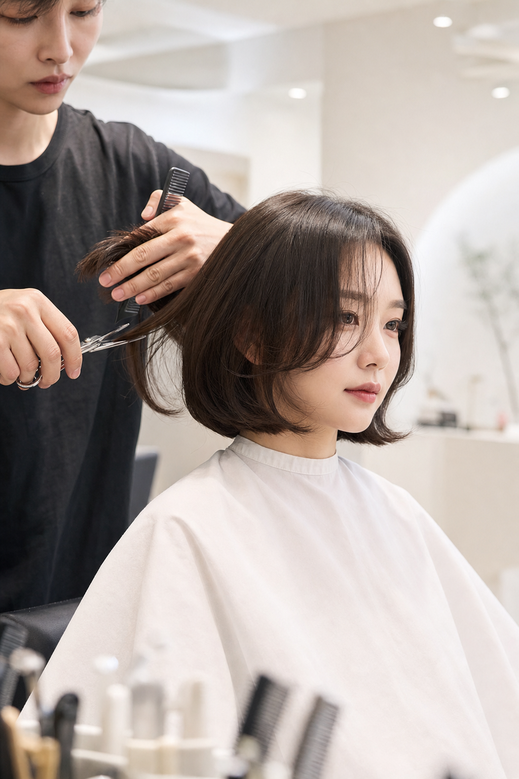 미디움 단발 C컬 펌 시술 장면