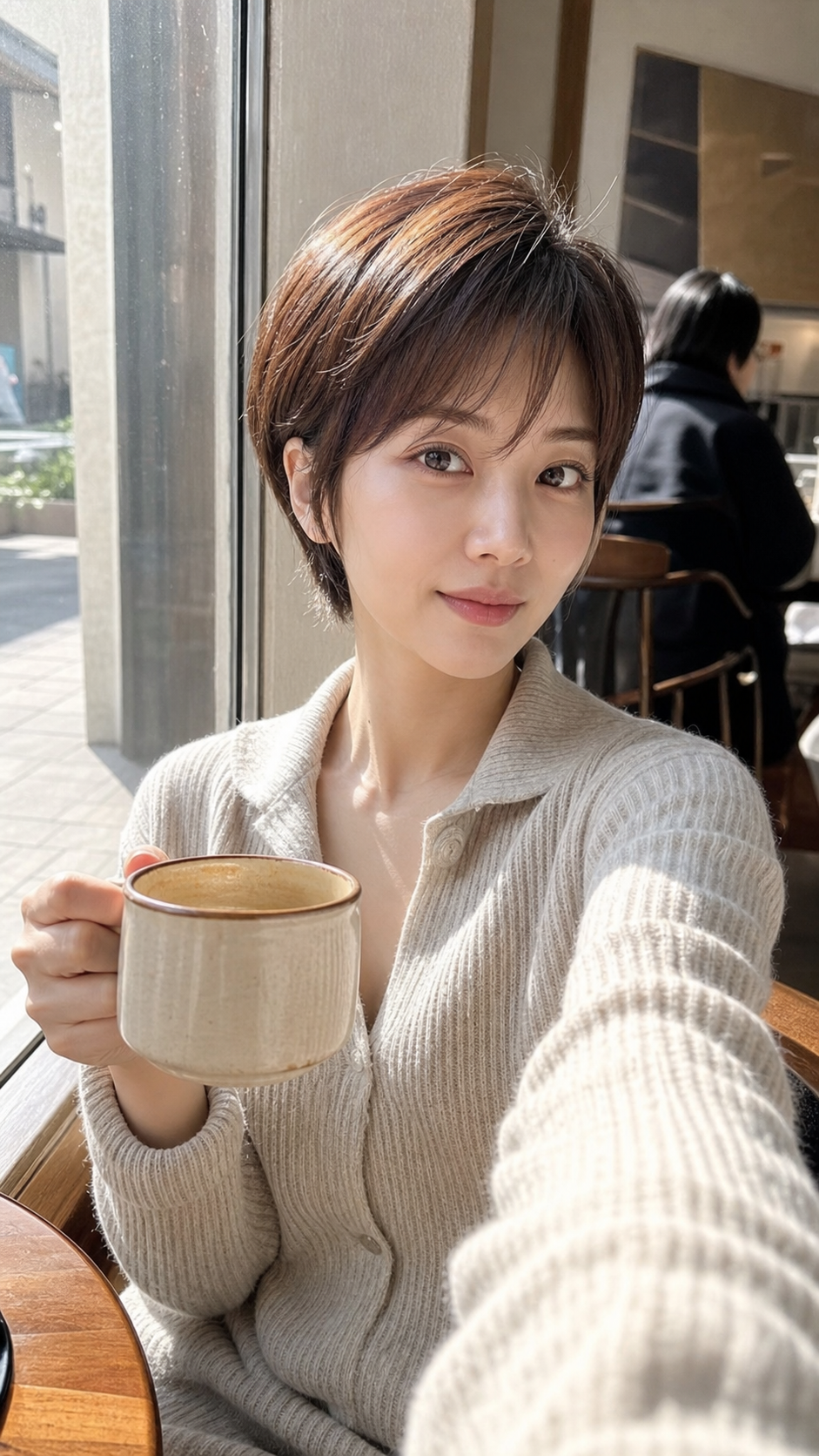 카페 창가 셀피 느낌의 단정한 중단발