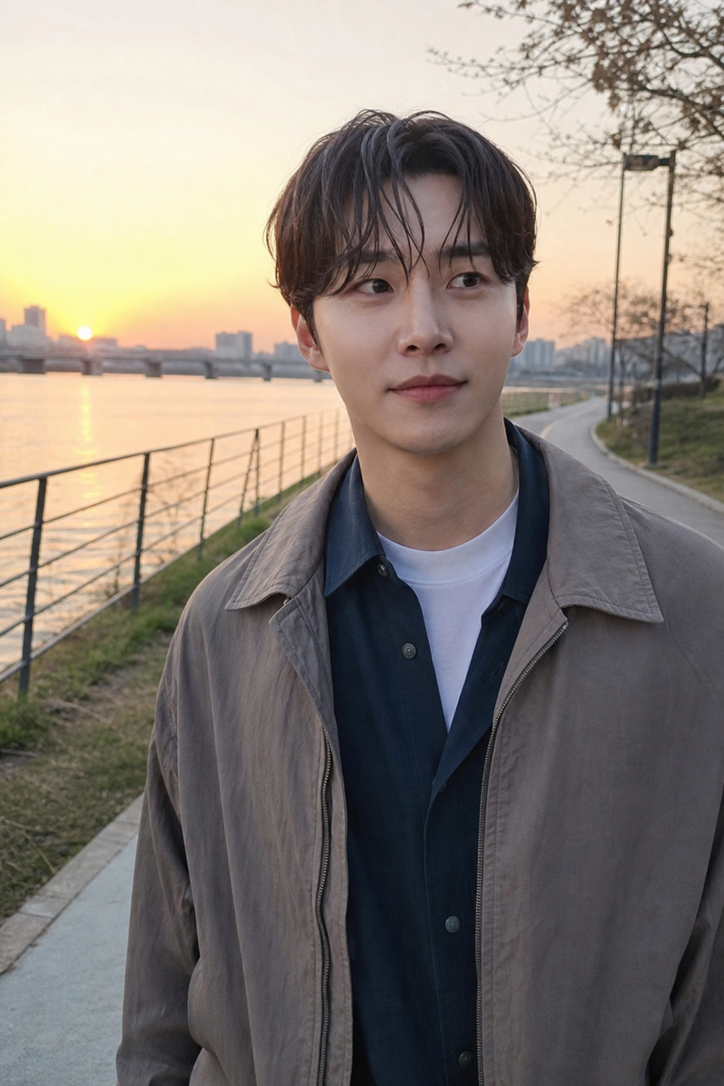 한강 노을 아래 걸어가는 분위기