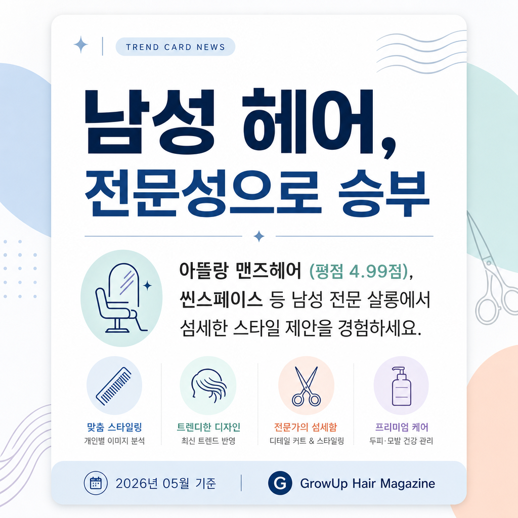 남성 헤어, 전문성으로 승부 — 아뜰랑 맨즈헤어 (평점 4.99점), 씬스페이스 등 남성 전문 살롱에서 섬세한 스타일 제안을 경험하세요.