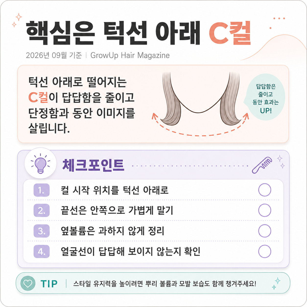 핵심은 턱선 아래 C컬 — 턱선 아래로 떨어지는 C컬이 답답함을 줄이고 단정함과 동안 이미지를 살립니다.